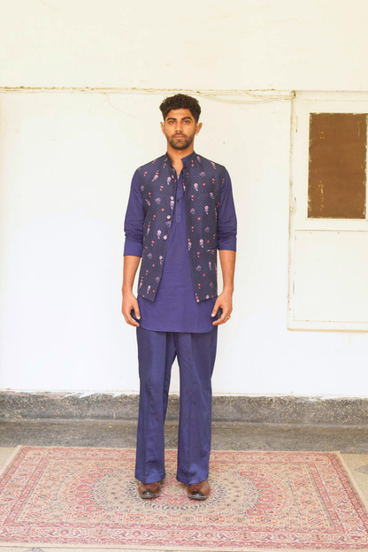 Navy blue kurta set with nehru Jacket