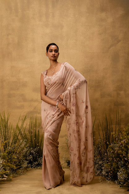 Pastel pink Pre-stitched hand embroidered organza saree set