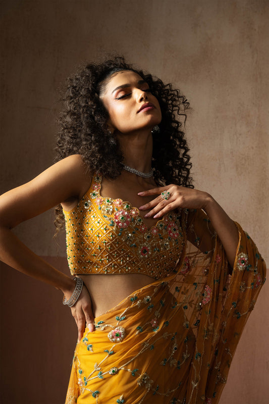 Predraped, Mustard Yellow, Hand Embroidered Net & Georgette Saree