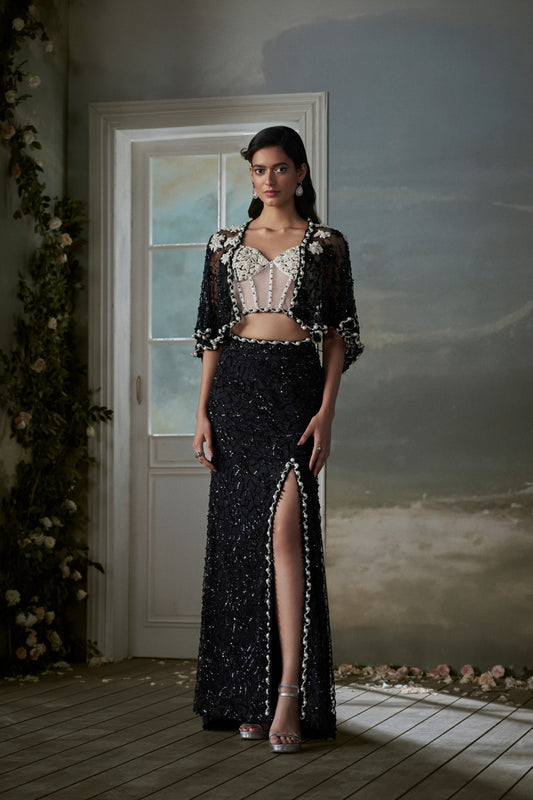 Black Skirt And Jacket Set With An Ivory Corset