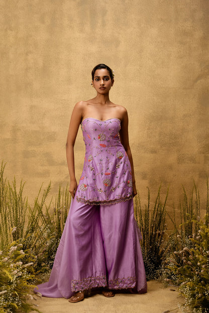 Lilac hand embroidered chanderi silk suit set with organza dupatta