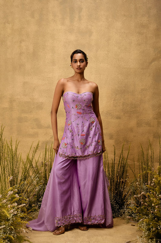 Lilac hand embroidered chanderi silk suit set with organza dupatta