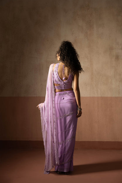 Predraped, Lavender, Hand Embroidered Net & Georgette Saree