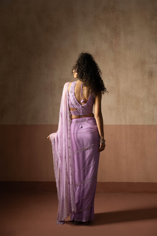 Predraped, Lavender, Hand Embroidered Net & Georgette Saree