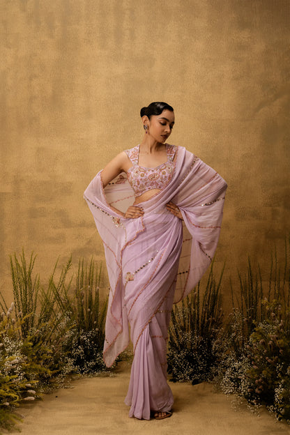Lilac georgette Pre-stitched hand embroidered Georgette saree set