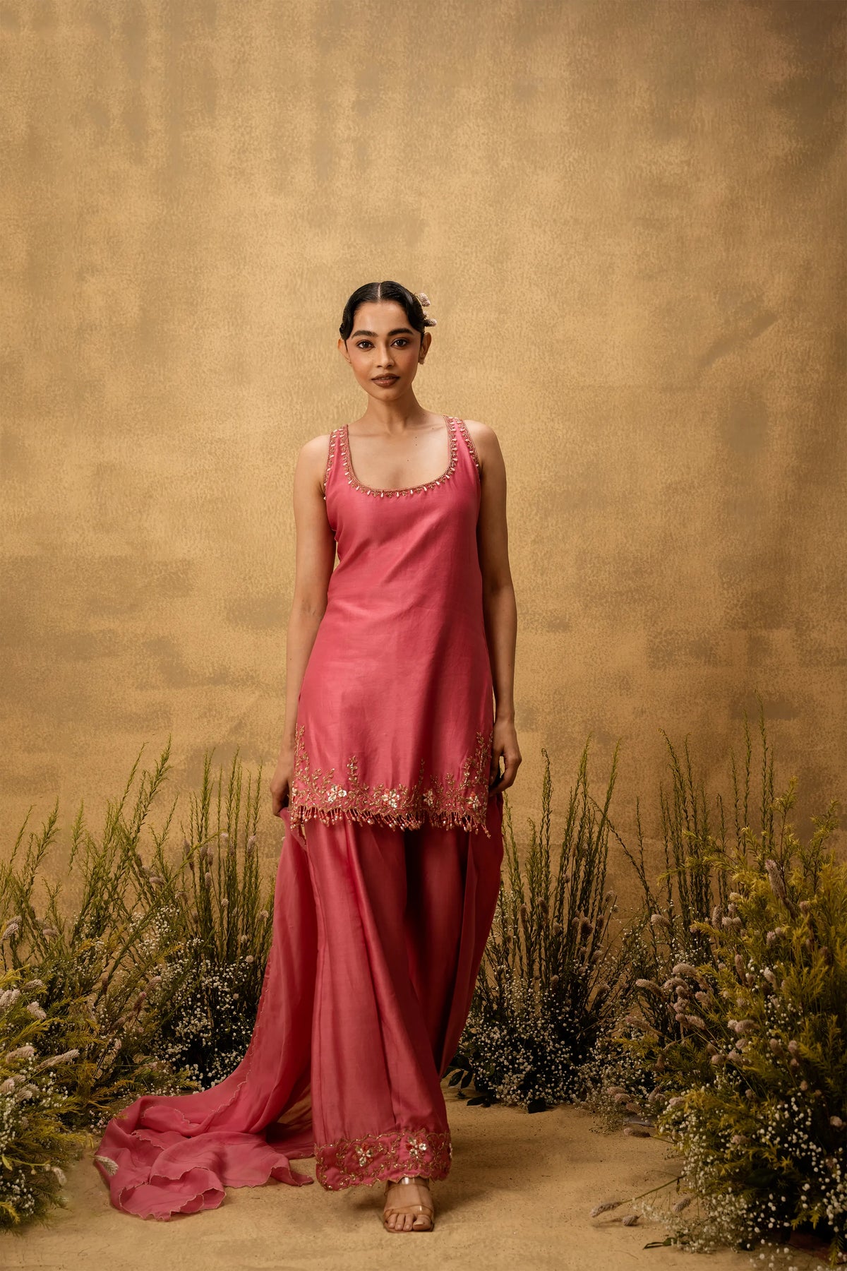 Pink hand embroidered chanderi silk suit set with organza dupatta