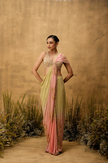 Pastel green & pink ombre Pre-stitched hand embroidered georgette saree set