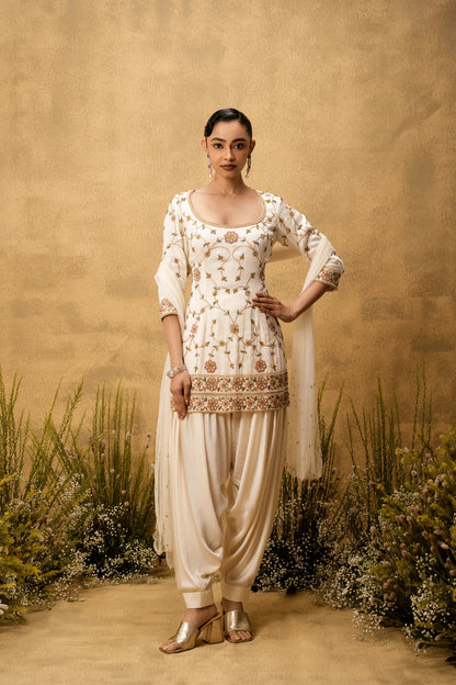 Ivory hand embroidered modal satin suit set with net dupatta