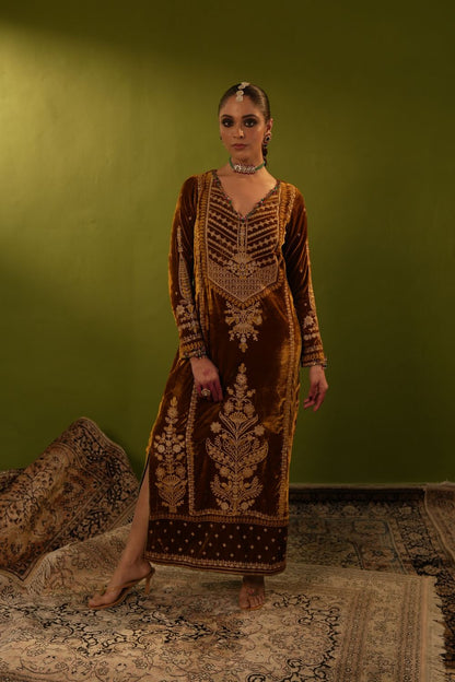 Yellow Velvet Kaftan Set