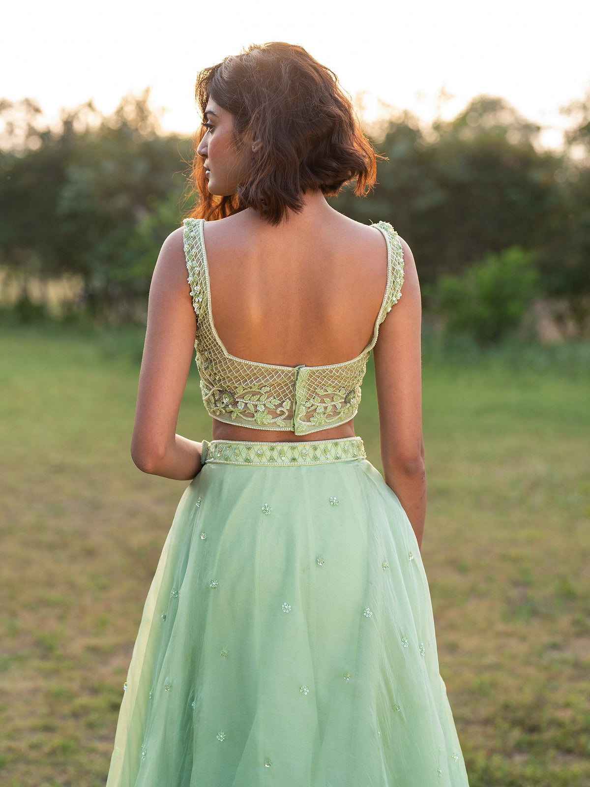 Summerhaven Green Silk Organza Lehenga