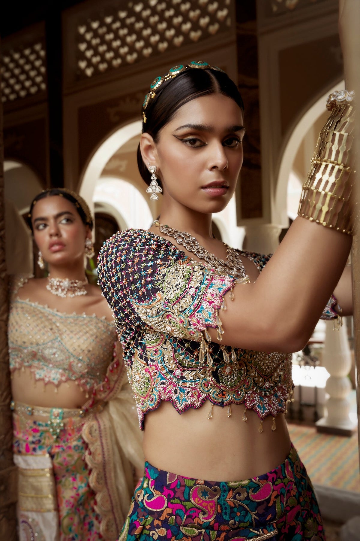 Women's Dark Blue Jamawar Embroidered Lehenga