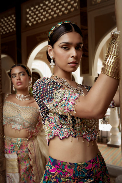Women's Dark Blue Jamawar Embroidered Lehenga
