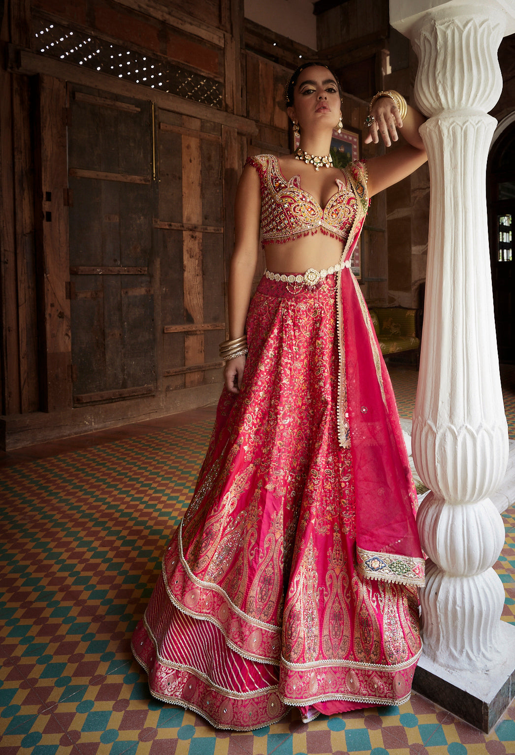 Coral Jamawar Katan Embroidered Lehenga