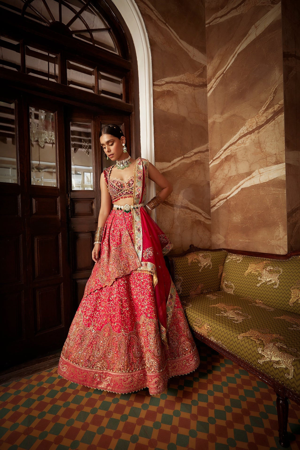 Shop Women's Red Jamawar Lehenga Set | Aditi Gupta