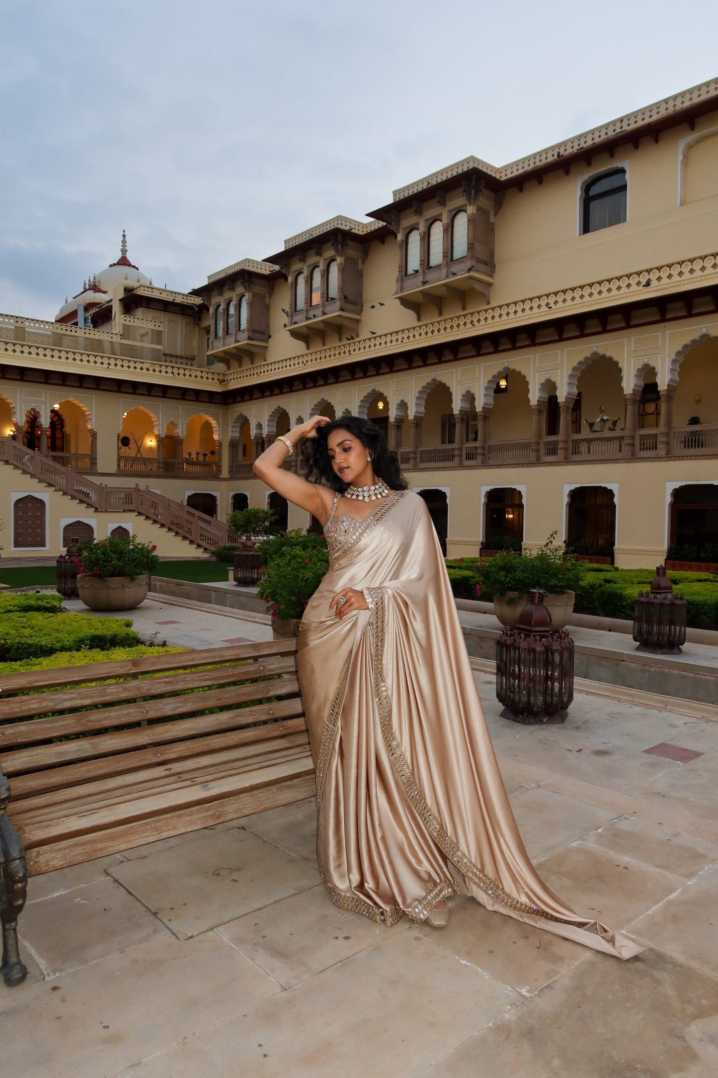 VISHAKHA HOLSAMBRE In Light Beige satin Saree Set