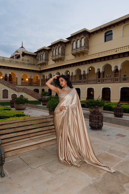 VISHAKHA HOLSAMBRE In Light Beige satin Saree Set
