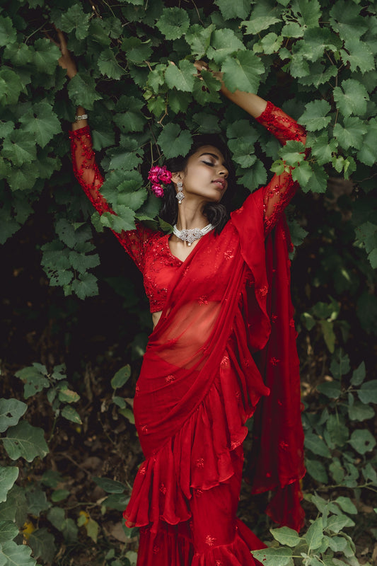 Red Threadwork Ruffle Saree Set