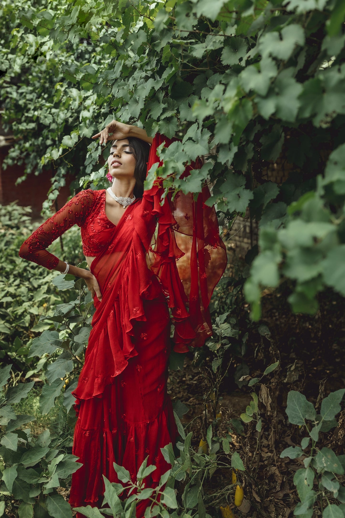 Red Threadwork Ruffle Saree Set