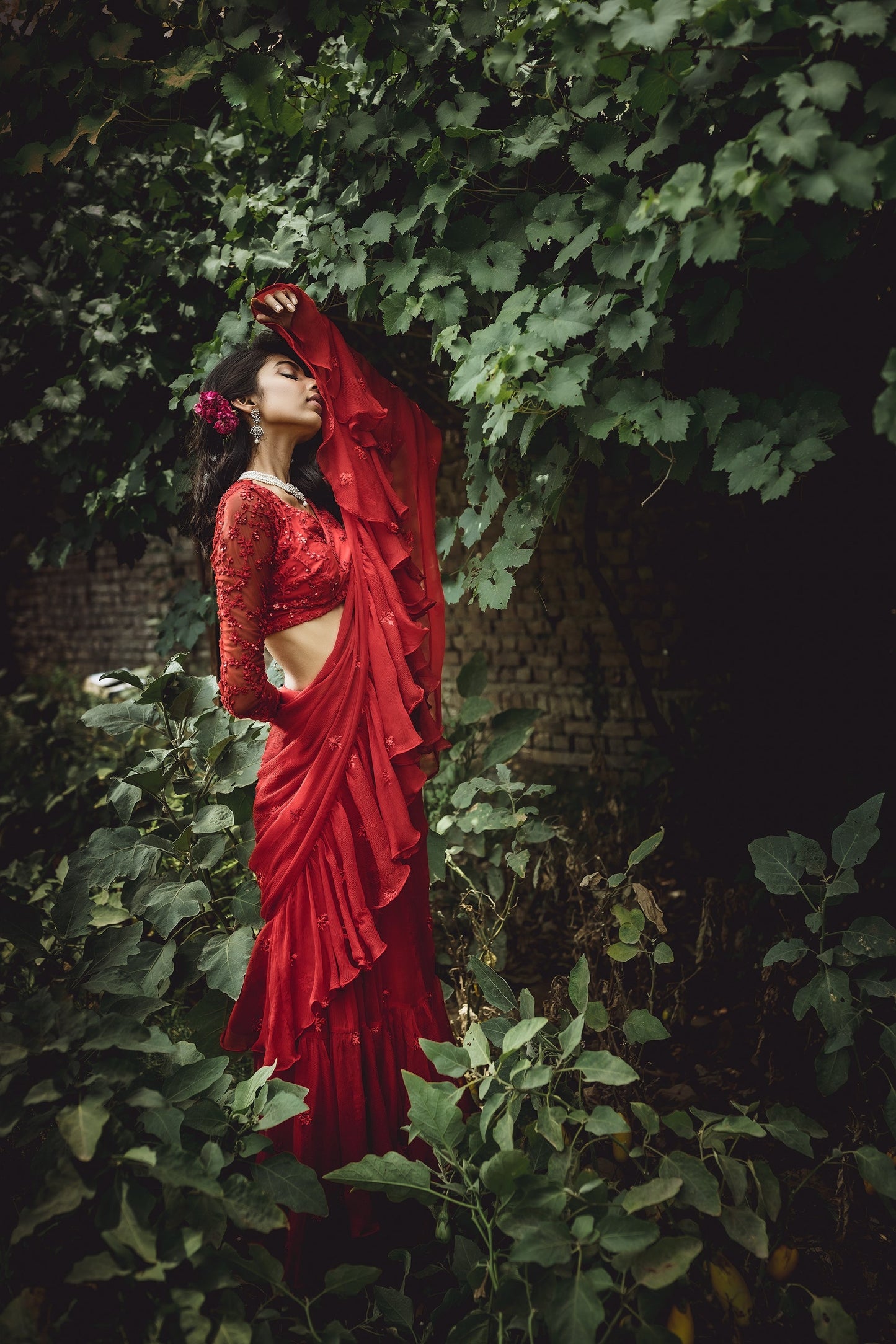 Red Threadwork Ruffle Saree Set