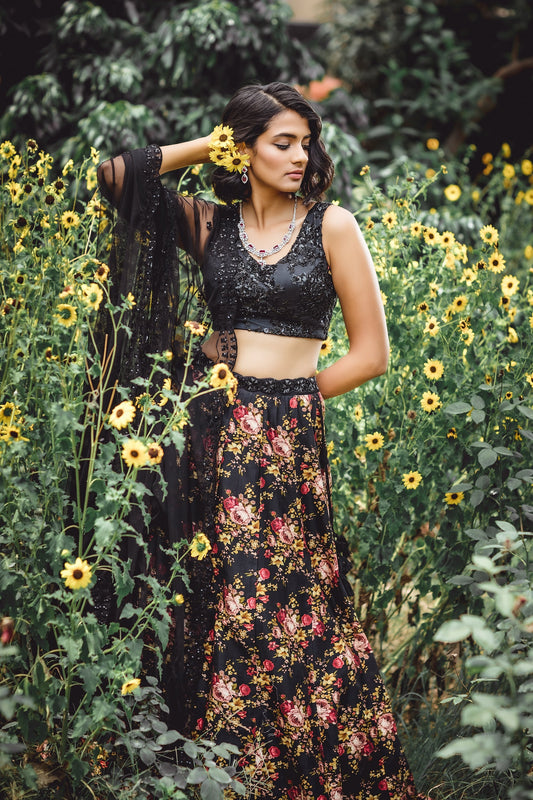 Black Floral Lehenga Set