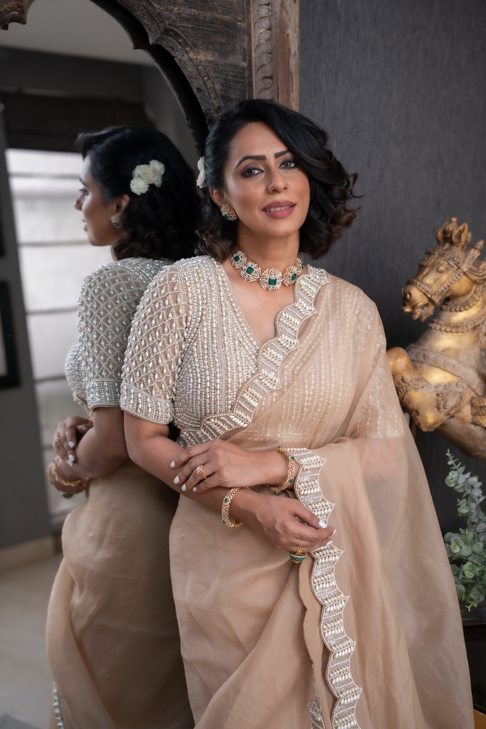 PAVITRA SAGAR In Beige V Neck Pearl Pre-Draped Saree Set