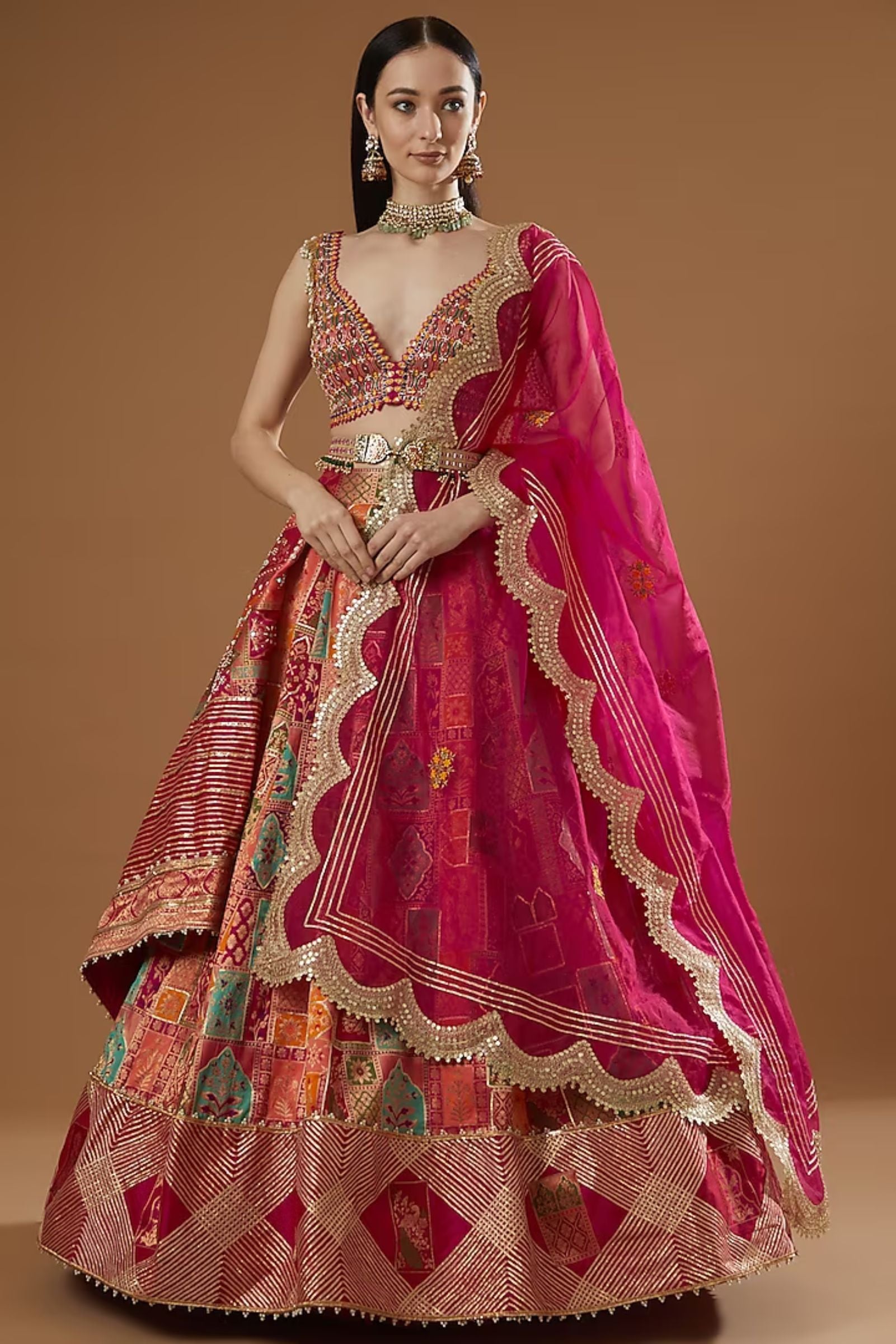Coral Banarasi Jamawar Embroidered Lehenga