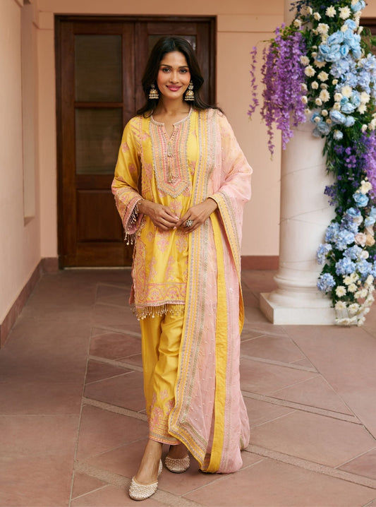 Khumari Pima Satin Mustard Kurta Set