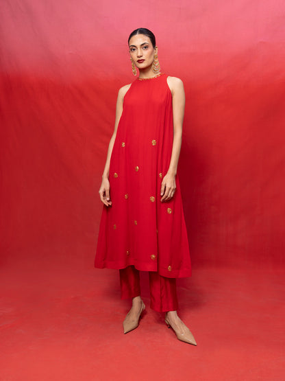 Handwoven Red Georgette Embroidered Suit