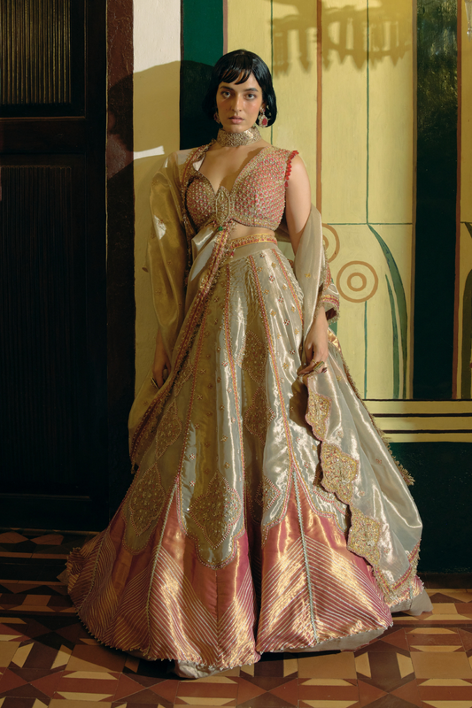 Rose gold silk zari tissue lehenga set