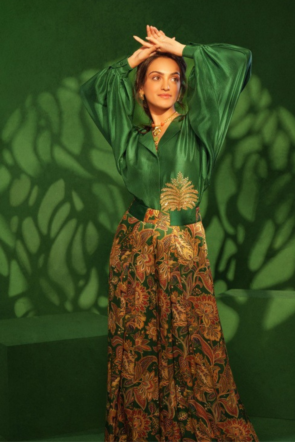 Green Printed Kaftan with Mirror Work