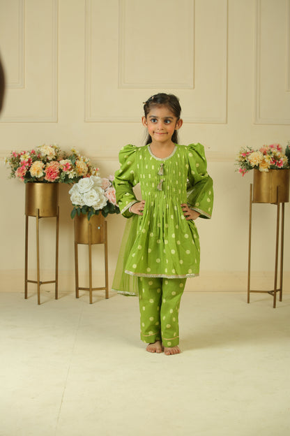 Green Lace Polka Dot Handblock Print Pleated Kurta Set
