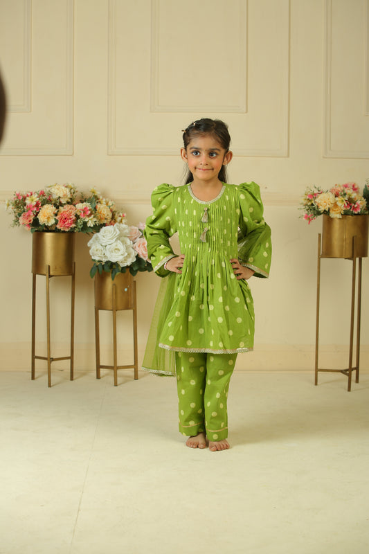 Green Lace Polka Dot Handblock Print Pleated Kurta Set