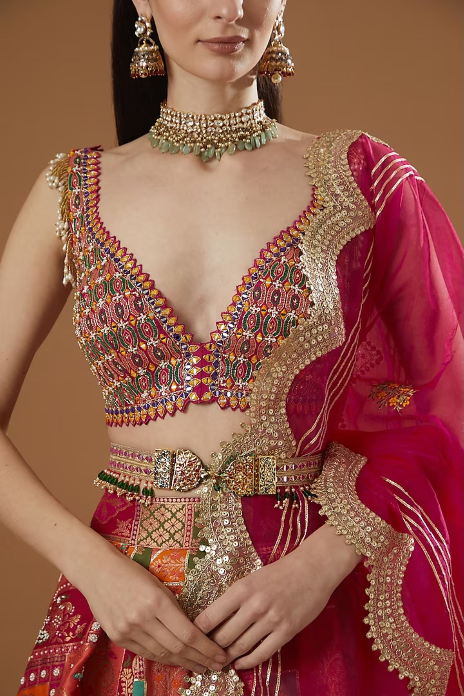Coral Banarasi Jamawar Embroidered Lehenga