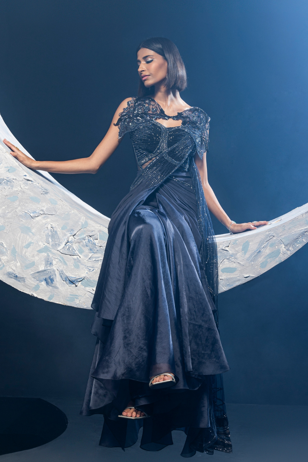 Niki Mehra in Midnight Blue Cape Saree