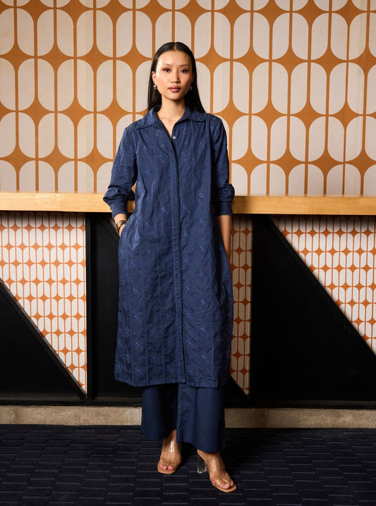 Zareenah Supima Cotton Navy Long Shirt Co-ord Set