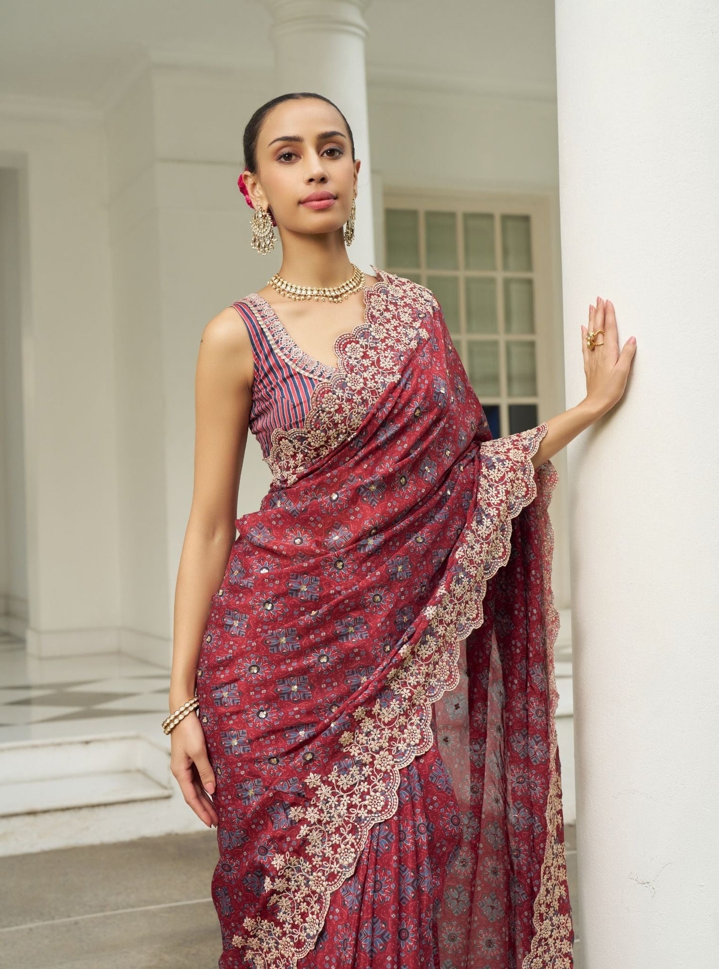 Noorani Viscose Glass Organza Red Ajrakh Print Saree