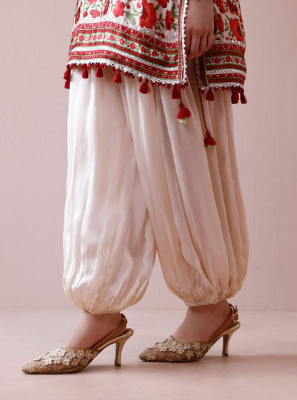 Mivya Cupro Satin Off-white Kurta with Balloon Pants