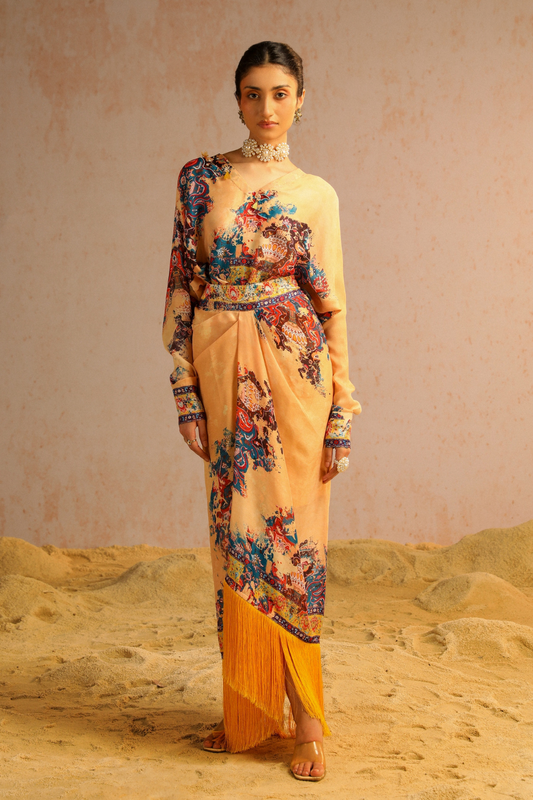 Beige draped skirt with shirt