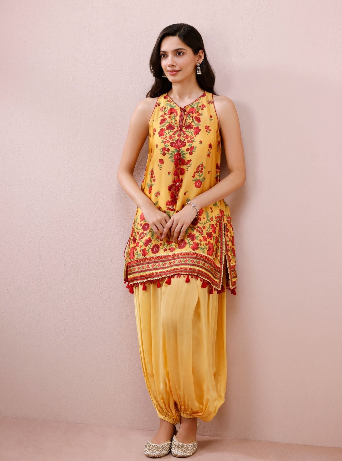 Mivya Cupro Satin Mustard Kurta with Balloon Pants