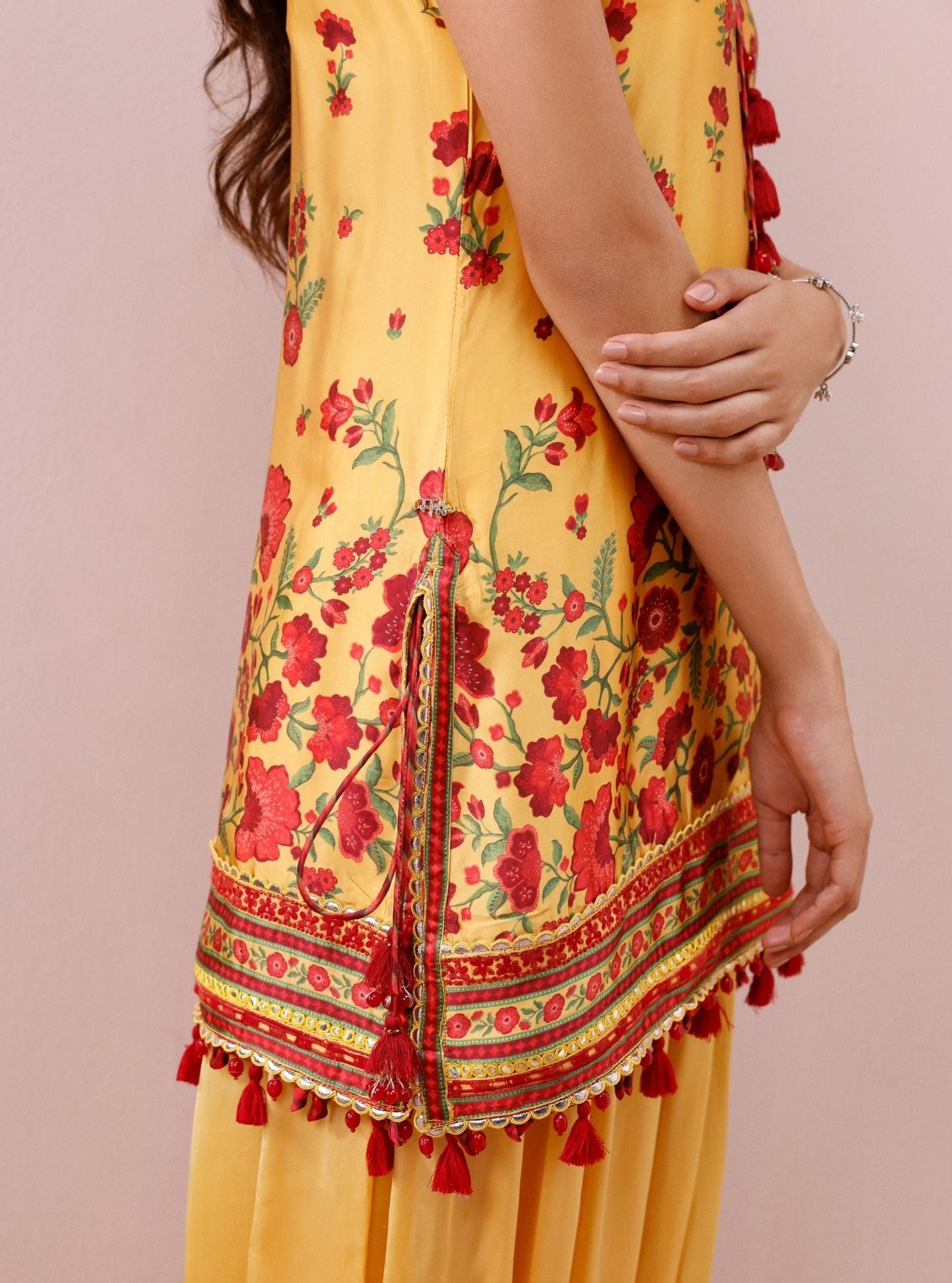 Mivya Cupro Satin Mustard Kurta with Balloon Pants