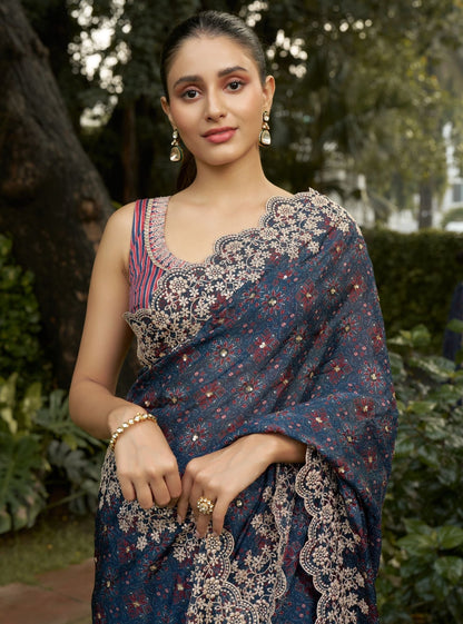 Noorani Viscose Glass Organza Navy Ajrakh Print Saree