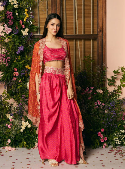 Mali Glass Organza Fuchsia Skirt Set With Cape
