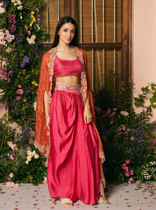 Mali Glass Organza Fuchsia Skirt Set With Cape