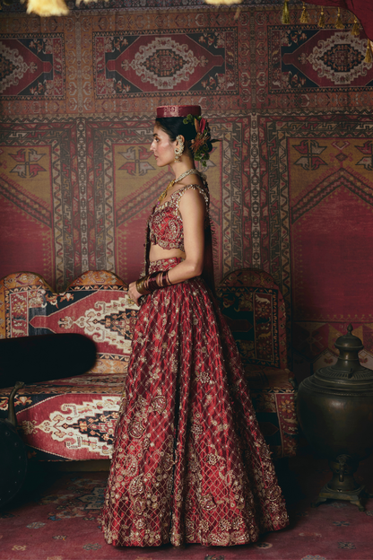 Maroon 3D Flower Lehenga Set