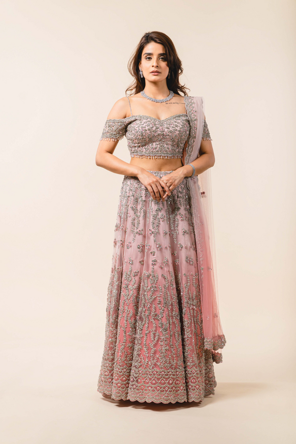 Rose Pink Ombré Tulle Lehenga Choli Set