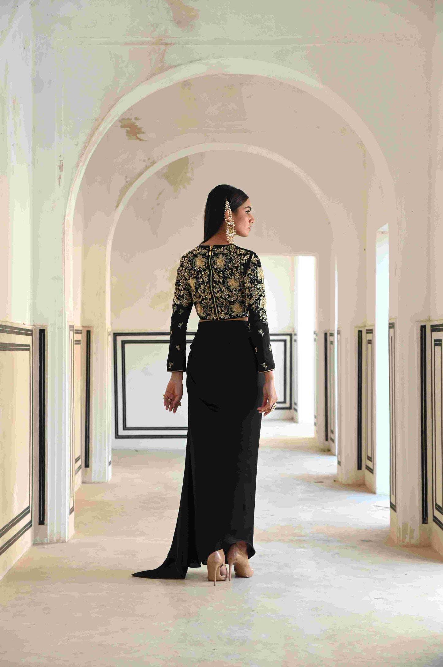 FULL SLEEVE BIG FLOWER JAAL EMBROIDERED CROP TOP WITH COWL SKIRT- EC-CS-RAHI25-17- Black