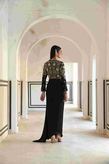 FULL SLEEVE BIG FLOWER JAAL EMBROIDERED CROP TOP WITH COWL SKIRT- EC-CS-RAHI25-17- Black