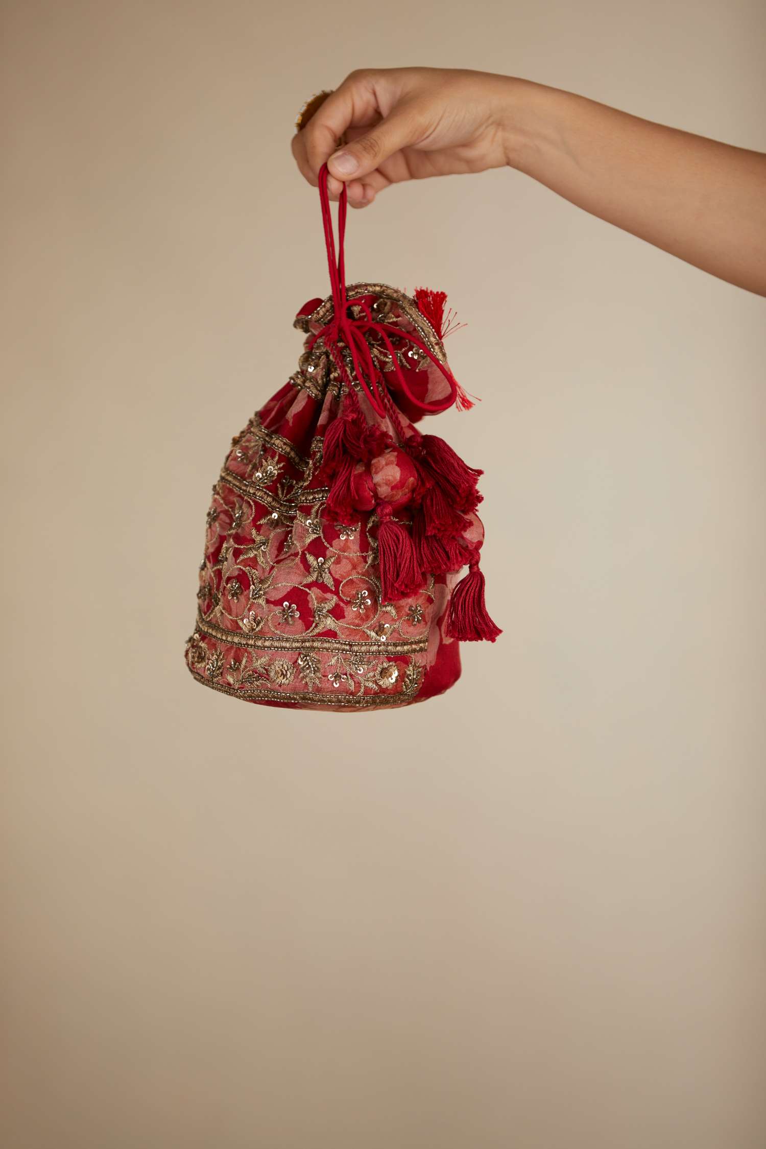 Red Floral Organza Potli