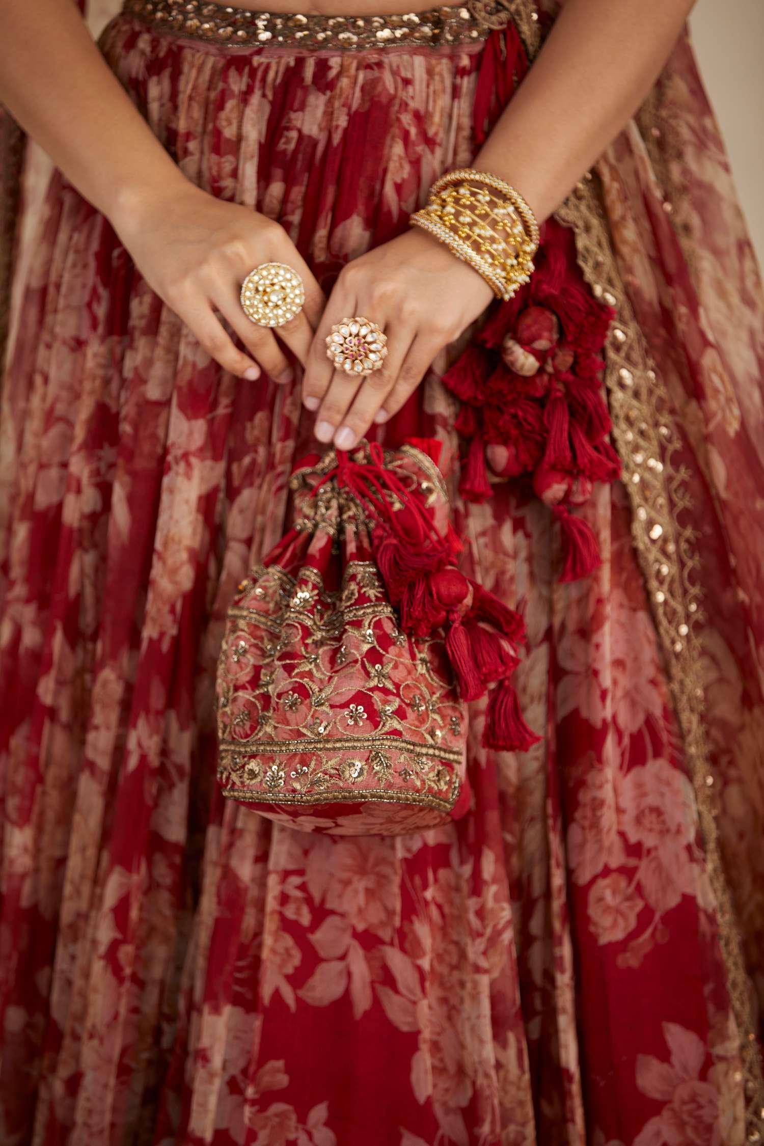 View of Red Floral Organza Potli
