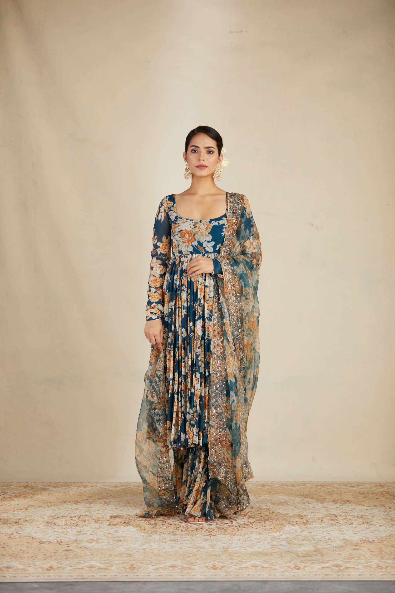 Front Look view of Teal Blue Georgette Floral Anarkali Set